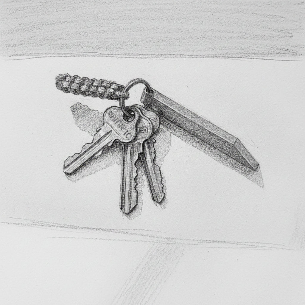 THE MIGHTY BAR 2.0 - Averx GearA silver metal keychain with a pointed blade-like tool attached, alongside several keys on a red braided cord, photographed on a white surface with strong sunlight and shadows.Averx Gear