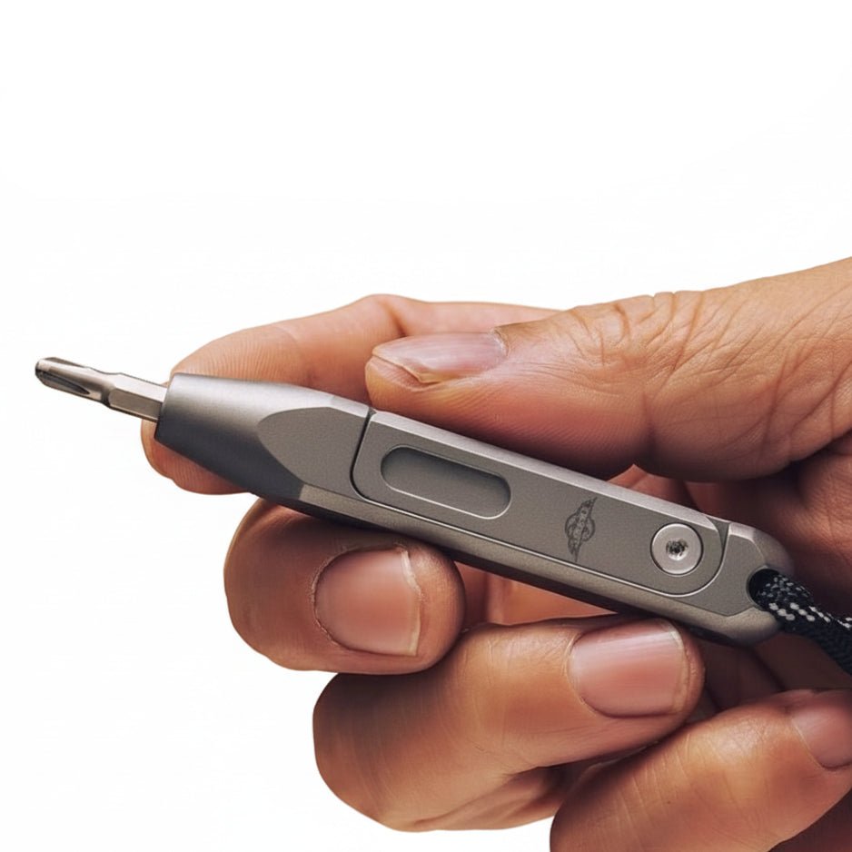 THE TITAN SCREWDRIVER - AVERX GearAVERX Titanium Titan Screwdriver blue anodised knurled grip detailAVERX GearSandblasted Titanium